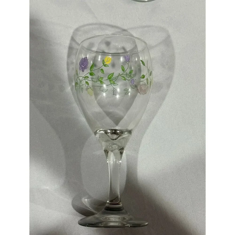Set of 8 Vintage Libbey Floral Stemmed Wine Glasses Pastel Flower Vine Pattern